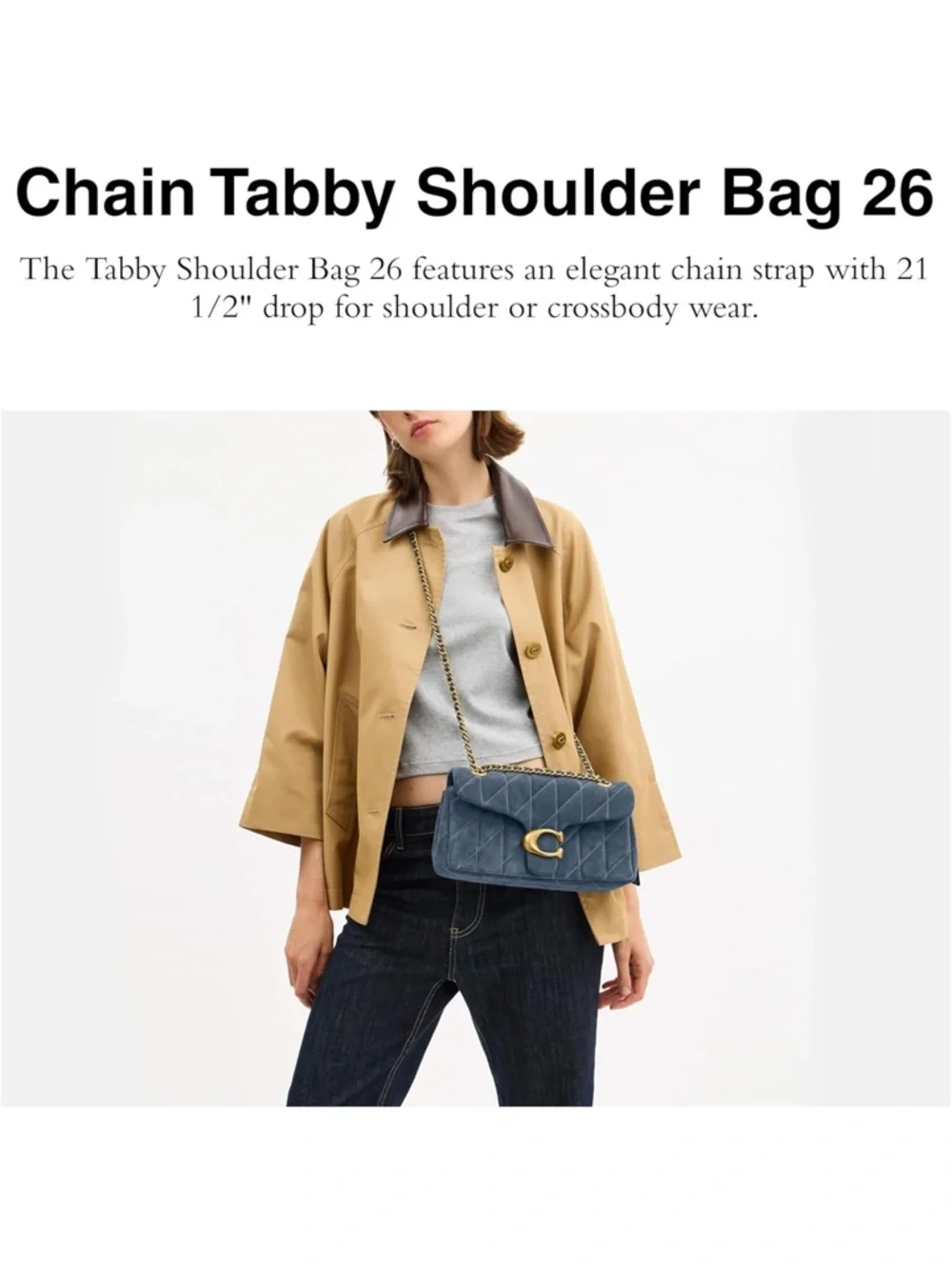 Coach Tabby 26 Quilted Blue Suede Shoulder Bag with Gold Hardware - New